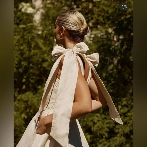 DISSH Size 4 Tan Creasm Aisle Pearl Linen Bow Mini Dress - Picture 2 of 10